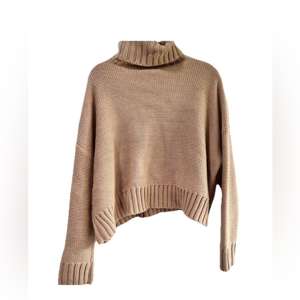 Calvin Klein Camel Knit Pullover Cozy Tan Cable Knit Turtleneck Sweater - Picture 7 of 16